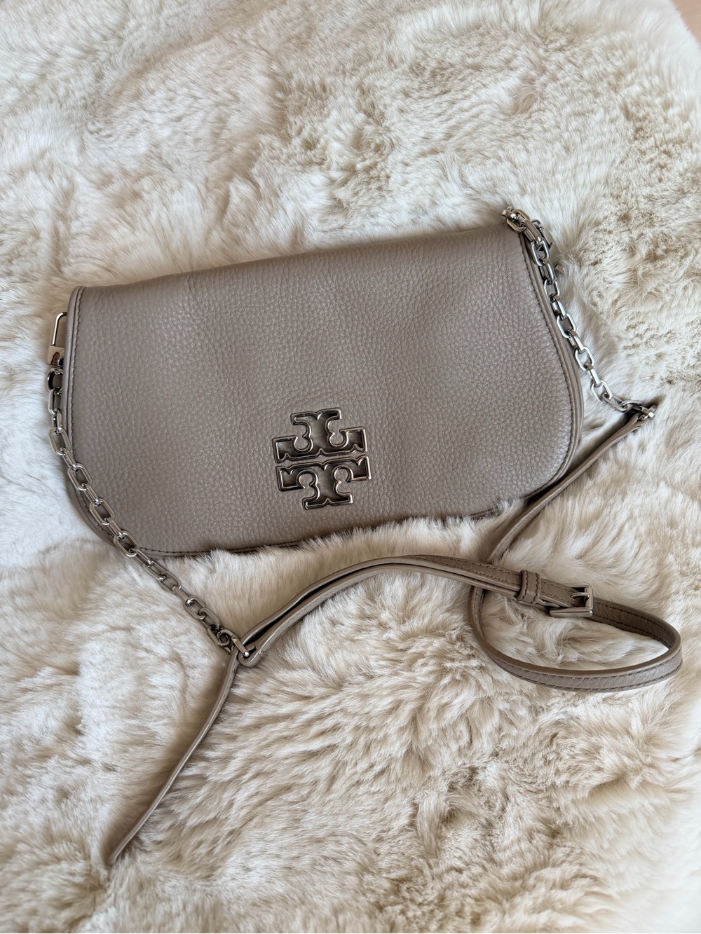 Tory Burch Pebbled Leather Crossbody in Taupe with Silver Hardware